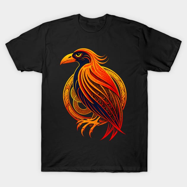 Celtic Raven Bird red and orange T-Shirt by Ravenglow